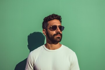 Portrait of a content man in his 30s wearing a trendy sunglasses against a pastel green background. AI Generation
