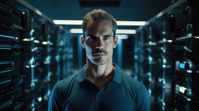 A Male IT Specialist In A Server Room, Standing By Computer Racks And Maintaining Eye Contact With The Camera, Professional Photography