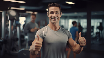 Fototapeta na wymiar A fitness coach, in a gym setting, enthusiastically holds both thumbs up, exuding positivity and motivation, with a blurred gym background.