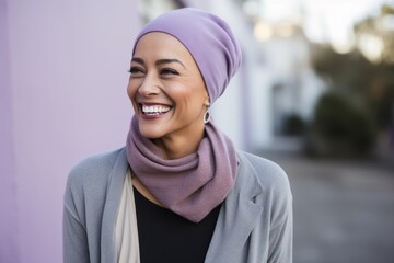 Portrait of a cheerful woman in her 40s sporting a trendy beanie against a pastel purple background. AI Generation