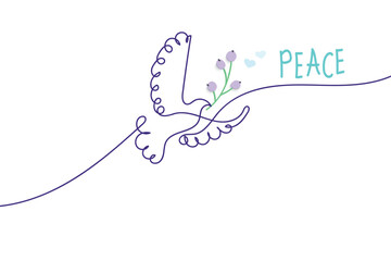 International Day of Peace. Bird, globe, flowers, heart continuous drawing. Concept of love, peace and kindness. Text. Vector