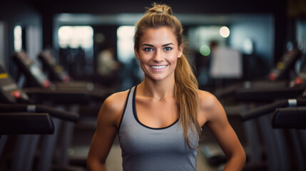 Fototapeta na wymiar Portrait of a female fitness trainer in a gym, standing by exercise equipment and smiling at the camera