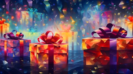 Colorful Geometric Gift Boxes with Ribbons and Confetti