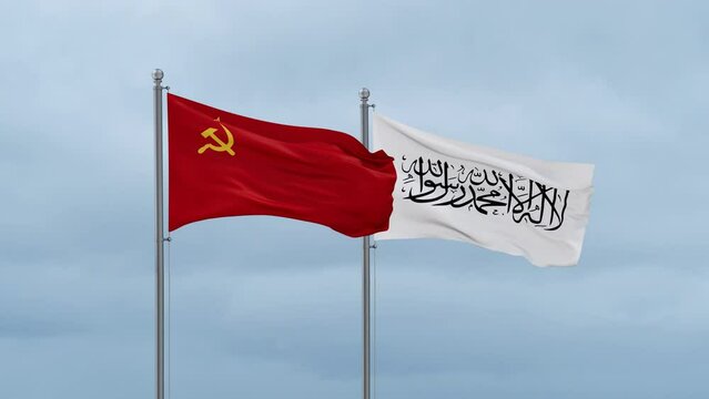 Soviet Union or USSR flag and Afghanistan flag waving together on cloudy sky, endless seamless loop
