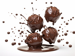 Gourmet Chocolate Balls Candy with Chocolate Splash on white background