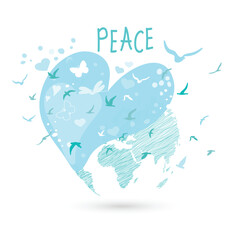 Fototapeta na wymiar International Day of Peace. Bird, globe, flowers, heart continuous drawing. Concept of love, peace and kindness. Text. Vector