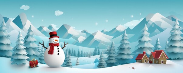 Fototapeta premium Snowman standing in witer snowy landscape, christmas greeting card banner illustration. Generative Ai.