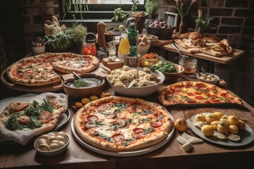 Obraz premium Table full of different types of pizza. Pizza party for friends or family. A lot of Fast, high calorie unhealthy food. Italian cuisine concept.