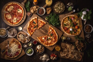 Table full of different types of pizza. Pizza party for friends or family. A lot of Fast, high calorie unhealthy food. Italian cuisine concept.