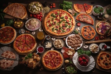 Table full of different types of pizza. Pizza party for friends or family. A lot of Fast, high calorie unhealthy food. Italian cuisine concept.