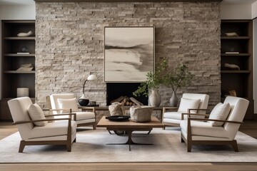 A serene living room boasts four comfortable white armchairs arranged near a striking natural wood live edge coffee table. 