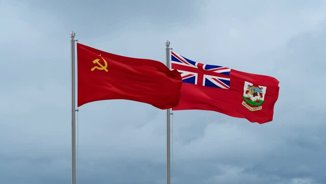 Soviet Union or USSR flag and Bermuda or Somers Isles flag waving together on cloudy sky, endless seamless loop