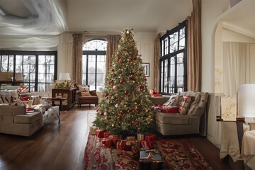 Christmas tree in a modern house with windows