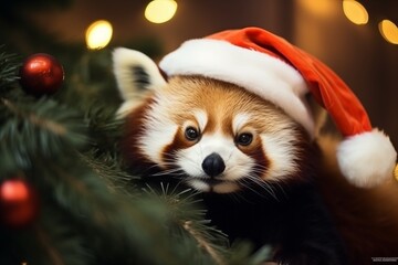 a cute red panda wearing a santa claus hat under a christmas tree
