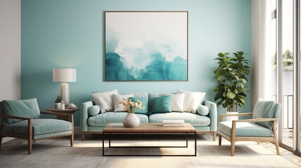 A serene living room in light turquoise, featuring minimalist wall art and cozy furnishings. The room is a haven of peace, inviting you to unwind and enjoy quiet moments of reflection.