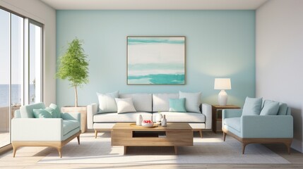 A serene living room in light turquoise, featuring minimalist wall art and cozy furnishings. The room is a haven of peace, inviting you to unwind and enjoy quiet moments of reflection.