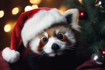 Fototapeta na wymiar a cute red panda wearing a santa claus hat under a christmas tree