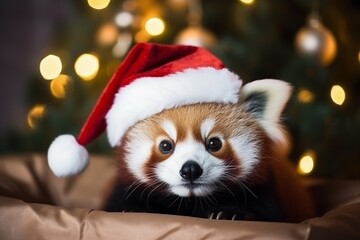 Fototapeta na wymiar a cute red panda wearing a santa claus hat under a christmas tree