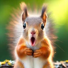 Photo of a Shocked real Squirrel on nature background. ai generative