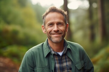 Naklejka na ściany i meble Portrait of a grinning man in his 40s wearing a comfy flannel shirt against a soft yellow background. AI Generation