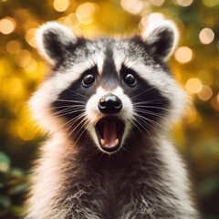 Fototapeta premium Photo of a Shocked racoon on nature bokeh background. ai generative