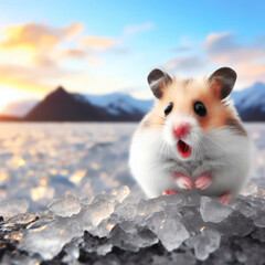 Photo of a Shocked real hamster on nature background ice land. ai generative