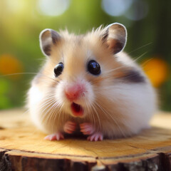 Photo of a Shocked real hamster on nature background. ai generative
