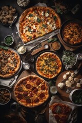 Table full of different types of pizza. Pizza party for friends or family. A lot of Fast, high calorie unhealthy food. Italian cuisine concept. - obrazy, fototapety, plakaty