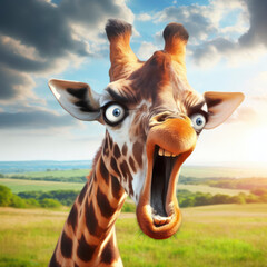 Photo of a Shocked angry giraffe on nature background. ai generative