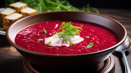 ready Ukraine borscht in beautiful plates with sour cream