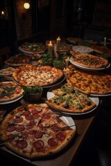 Obraz premium Table full of different types of pizza. Pizza party for friends or family. A lot of Fast, high calorie unhealthy food. Italian cuisine concept.