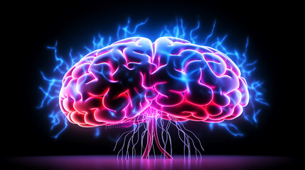 Brain mixed with digital technology brain with neon glow and technology on black background