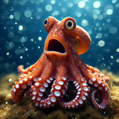 Photo of a Shocked octopus on underwater bokeh background. ai generative