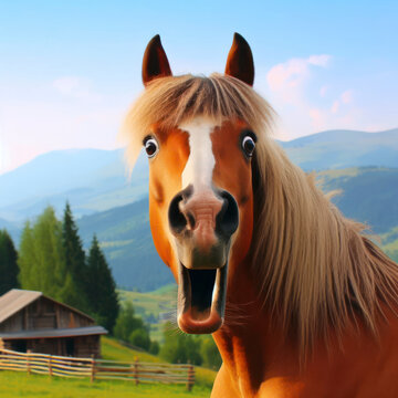 Photo of a Shocked horse on nature background. ai generative