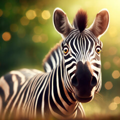 Fototapeta premium Photo of a Shocked real zebra on nature bokeh background. ai generative
