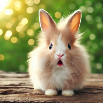 Photo of a Shocked rabbit on nature bokeh background. ai generative
