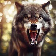Photo of a Shocked real angry wolf on nature bokeh background. ai generative - obrazy, fototapety, plakaty