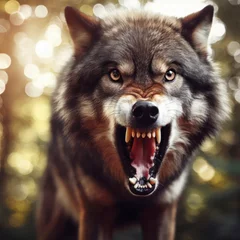 Fotobehang Photo of a Shocked real angry wolf on nature bokeh background. ai generative © Igor