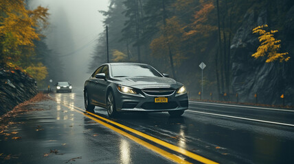 driving on a highway in the fall, a damp and slick surface during rainy conditions, and low visibility due to fog.