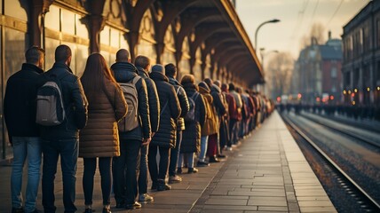 queue of people waiting on a city building. - obrazy, fototapety, plakaty