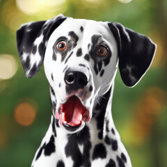 Photo of a Shocked real dalmatian dog on nature bokeh background. ai generative