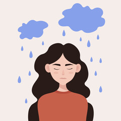 sad girl with clouds and rain over her head - vector illustration about emotions