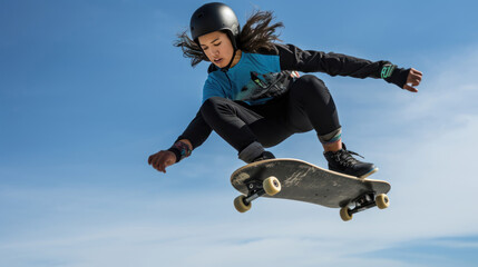 Focused female skater airborne against a clear blue sky