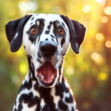 Photo of a Shocked real dalmatian dog on nature bokeh background. ai generative