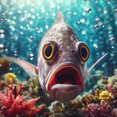 Photo of a Shocked real fish on underwater bokeh background. ai generative
