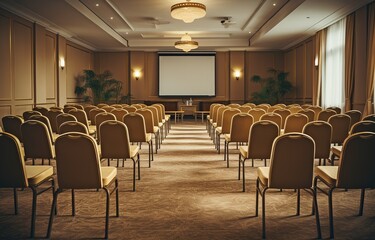 A vacant conference room in the hotel is prepared for attendees..