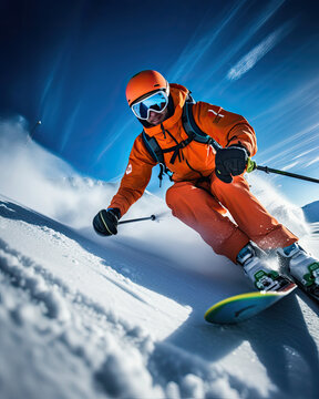 The Thrilling Descent: A Professional Skier in an Orange Ski Suit Tackling a Snowy Slope,  freeride in mountain, action shot wallpaper 