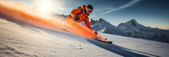 extreme freestyle ski in winter, man in orange suit 
go down the slope at high speed, freeride in mountain wallpaper  - obrazy, fototapety, plakaty