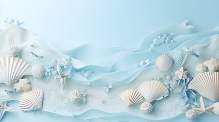 Marine-Inspired Collage: Sea Shells, Pearls, Sea Stars Against a Beautiful Blue Wave Background - obrazy, fototapety, plakaty