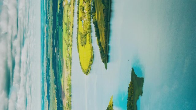 Aerial View Of Lakes Rivers Islands And Countryside Landscape. Morning Clouds Above Lepel Lake. Lyepyel District, Vitebsk Region, Belarus.